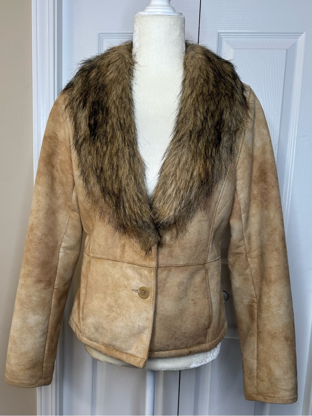 Weatherproof Faux-Suede Tan Jacket with Faux-Fur Collar
